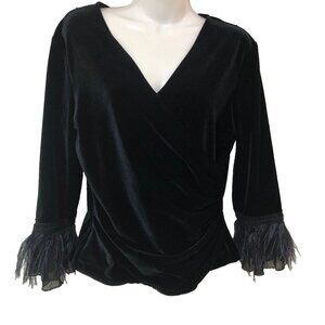 Jackie Jon New York Womens Blck Velvet Top M Faux Wrap Feathers Whimsigoth Fairy